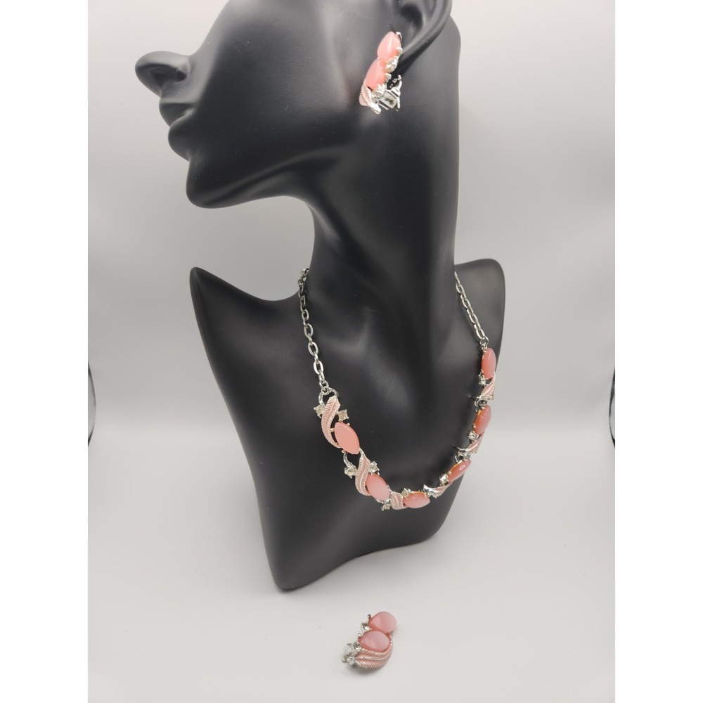 Vintage Pink Cabochon Silver Tone Leaf‎ Necklace and Clip On Earring Set MCM